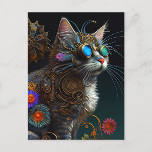 Cartão Postal Fantasia linda, gato-do-mato-grande e flores, arte