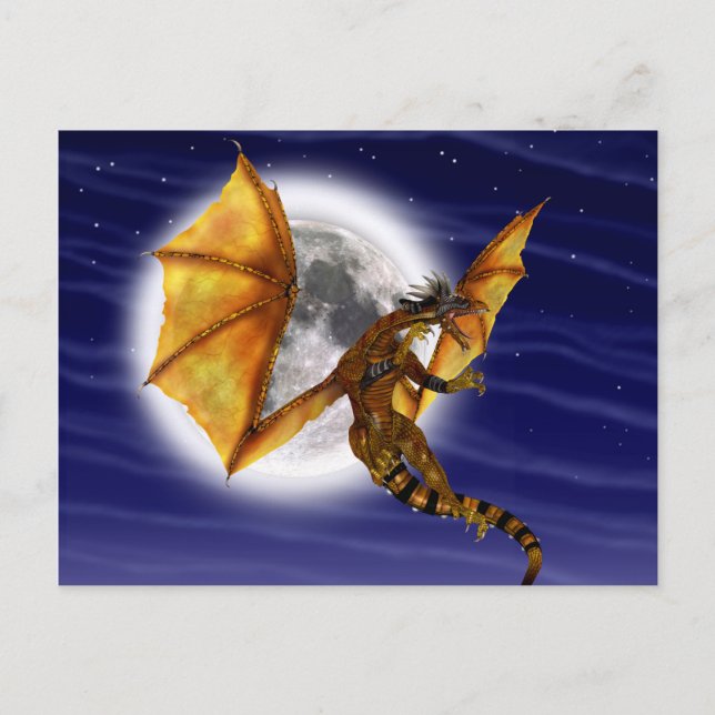 Cartão Postal Fantasia Mítica do Dragão ouro Cria Céu Roxo (Frente)