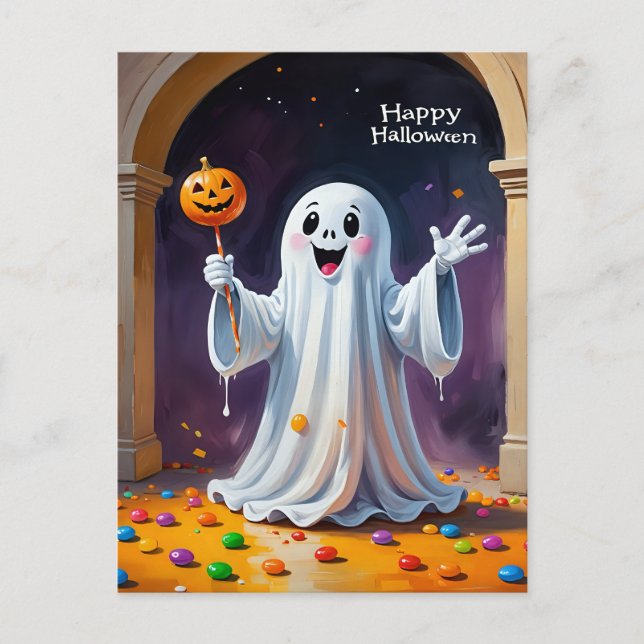 Cartão Postal Fantasma Alegre com Abóbora (Frente)
