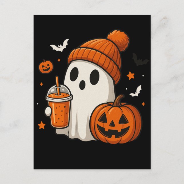 Cartão Postal Fantasma Bonita do Halloween com Abóbora e Beba (Frente)