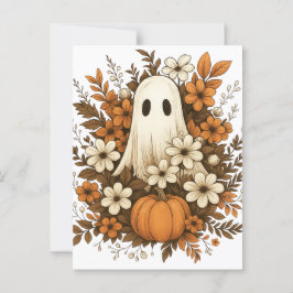 Cartão Postal Fantasma Bonito Com Pumpkin E Flores De Queda - Ha