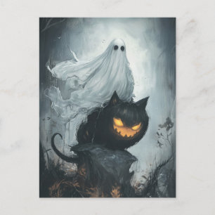 Cartão Postal Fantasma das Halloween Andando a Gato Negro