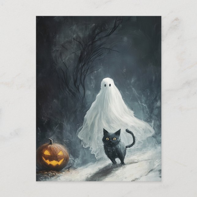 Cartão Postal Fantasma das Halloween e Gato Negro (Frente)