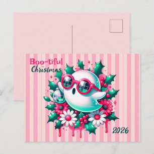 Cartão Postal Fantasma de Bola de Discoteca Floral Rosa de Natal