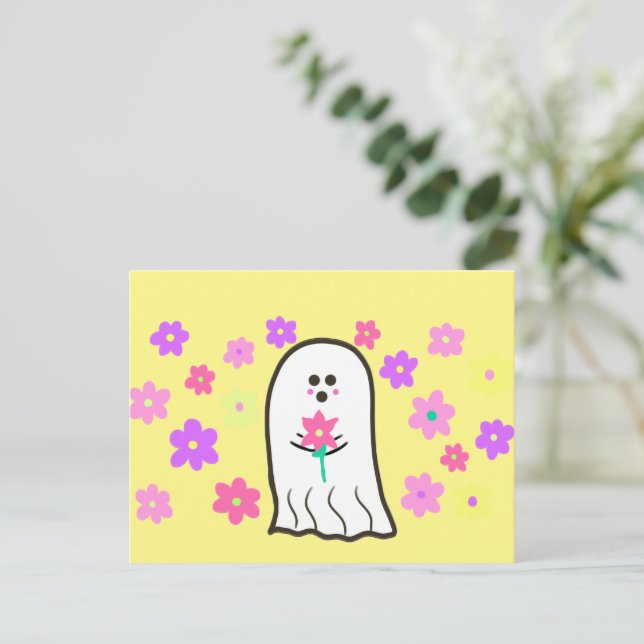 Cartão Postal Fantasma de Groovy com Flores (Em pé/Frente)