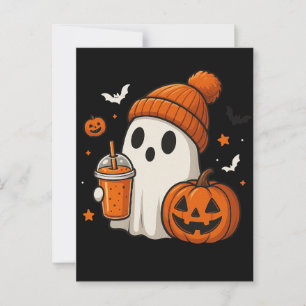 Cartão Postal Fantasma de Halloween Fofo com Abóbora e Bebida 