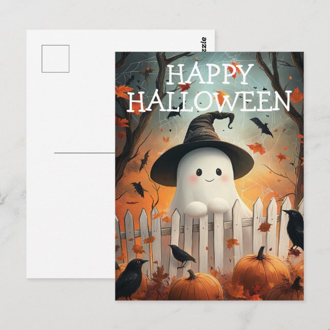 Cartão Postal Fantasma de Halloween Fofo com Abóboras e Corvos  (Frente/Verso)