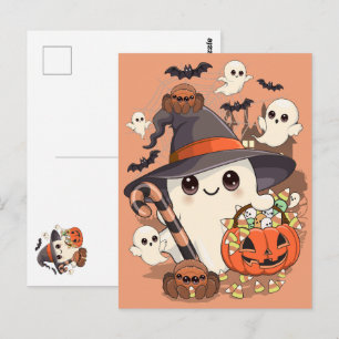 Cartão Postal Fantasma de Halloween Fofo no Estilo Kawaii