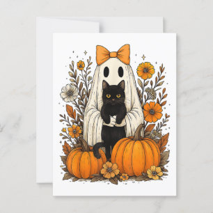 Cartão Postal Fantasma de Halloween segurando gato preto 