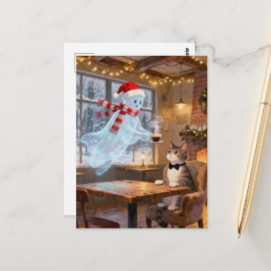 Cartão Postal Fantasma de Natal Fofo Serve Gato em uma Cafeteria