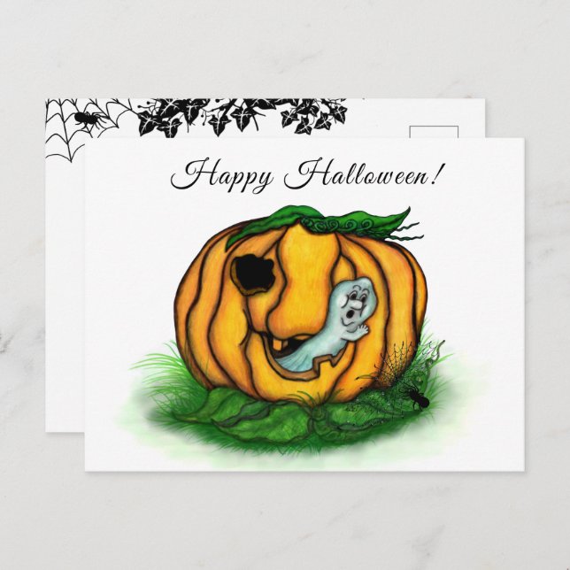 Cartão Postal Fantasma do Halloween, Bat, Ghost e Spider (Frente/Verso)