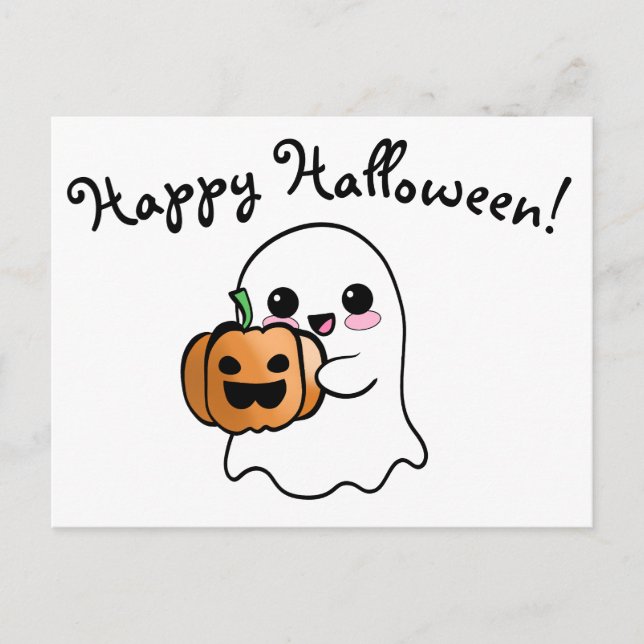 Cartão Postal Fantasma e Abóbora Felizes Halloween (Frente)