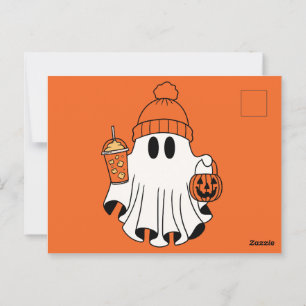 Cartão Postal Fantasma Festivo com Cesta de Abóbora e Latte Físi