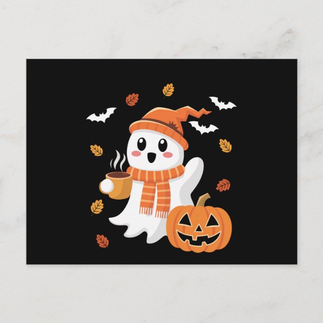 Cartão Postal Fantasma Fofo Bebendo Café Gelado Halloween  (Frente)