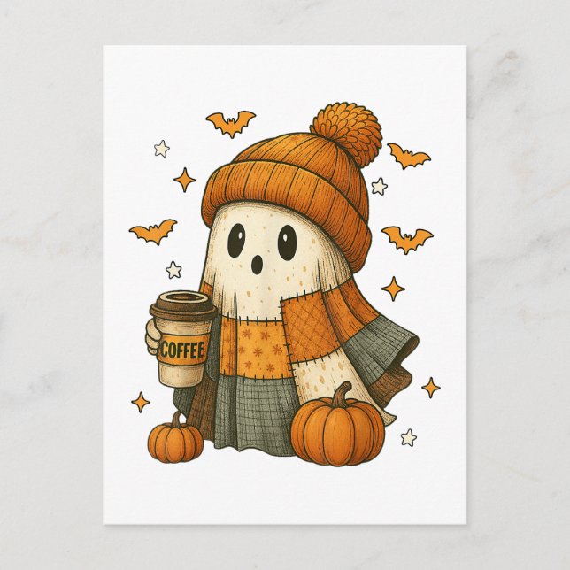 Cartão Postal Fantasma Fofo Bebendo Café Halloween  (Frente)