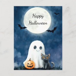 Cartão Postal Fantasma Fofo e Halloween de Gato Preto