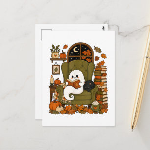 Cartão Postal Fantasma Fofo Lendo Livro Gato Preto Outono Abóbor
