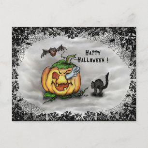 Cartão Postal Fantasma, Gato, Bat e Pumpkin, Feliz Halloween!
