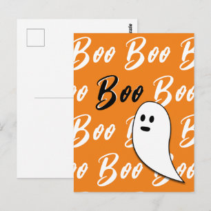 Cartão Postal Fantasma Halloween preto branco laranja boo