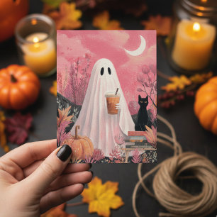 Cartão Postal Fantasma Rosa Fofo e Gato Preto