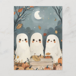 Cartão Postal Fantasmas bonitos no Halloween de Pumpkin Harvest