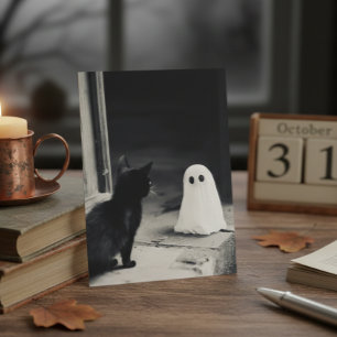 Cartão Postal Fantasmas de Bebê Fofo e Halloween de Gatinho