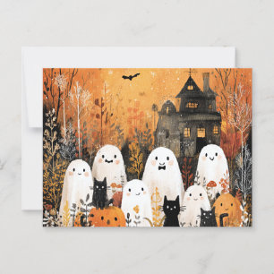 Cartão Postal Fantasmas do Halloween, gatos pretos e morcegos,