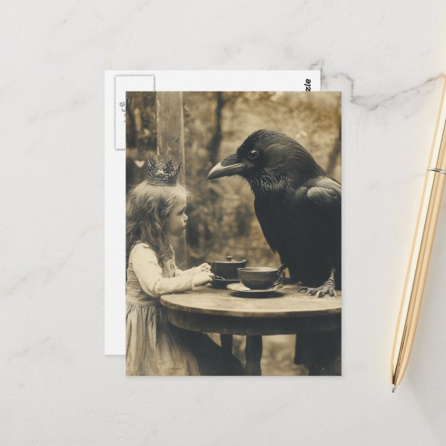 Cartão Postal Fantasy Child and Raven Tea Party in Sepia (Frente/Verso In Situ)