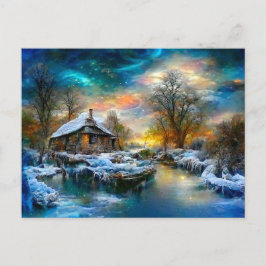 Cartão Postal Fantasy Cottage im Winter. Nordlichter im Fluss