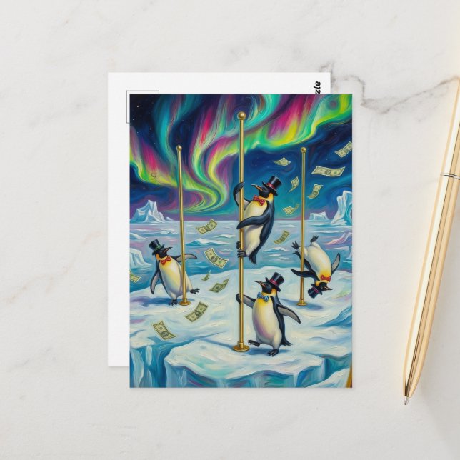 Cartão Postal Fantasy Funny Dancing Penguins North Pole (Frente/Verso In Situ)