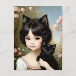 Cartão Postal Fantasy Girl with Black Kitten - Vintage Painting