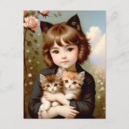 Cartão Postal Fantasy Girl with Kittens - Vintage Painting