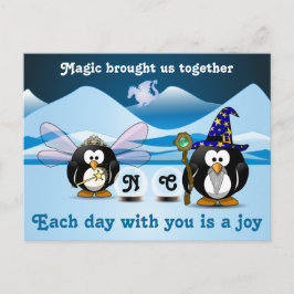 Cartão Postal Fantasy Glacier Penguins Wizard Fairy Crystal Ball