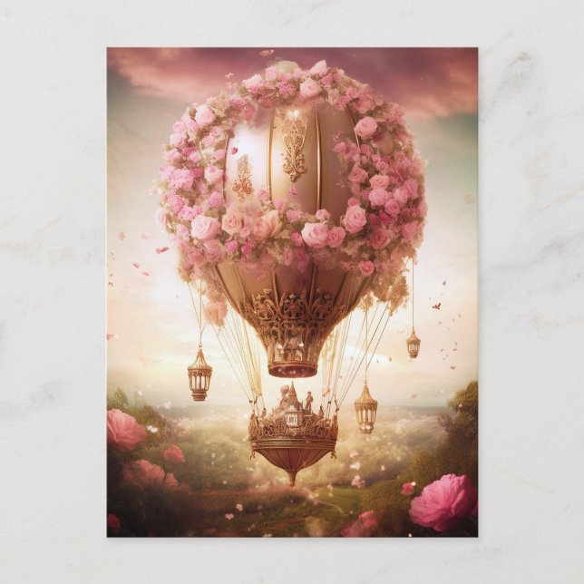 Cartão Postal Fantasy Hot Air Balloon Rosa Dourado (Frente)