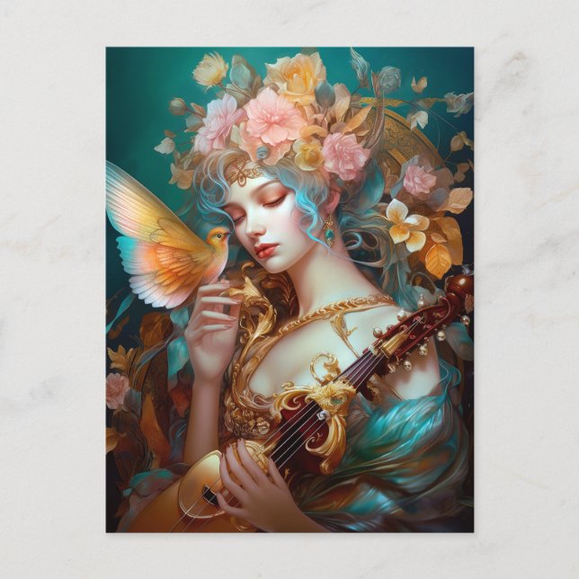 Cartão Postal Fantasy Lady With Lute & Butterfly Bird (Frente)
