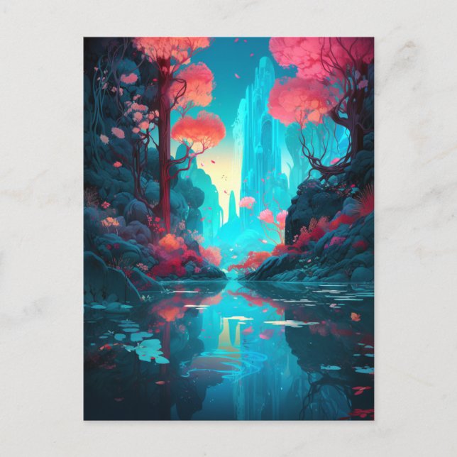 Cartão Postal Fantasy Landscape Forest Pink Blue Postcard (Frente)
