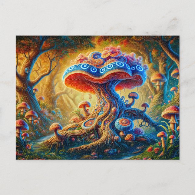 Cartão Postal Fantasy Mushroom Garden Psychedelic Colors  (Frente)