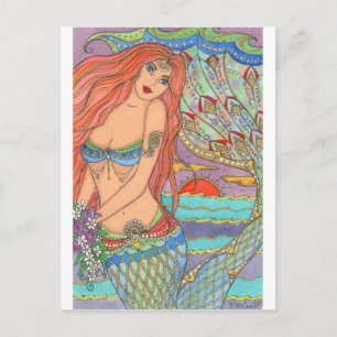 Cartão Postal Fantasy Sereia Princesa Art Sunset Flowers