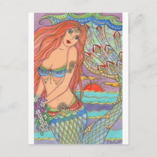 Cartão Postal Fantasy Sereia Princesa Art Sunset Flowers