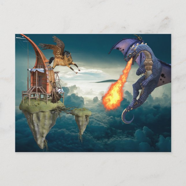 Cartão Postal Fantasy Sky Batalha Dragão Pegasus (Frente)