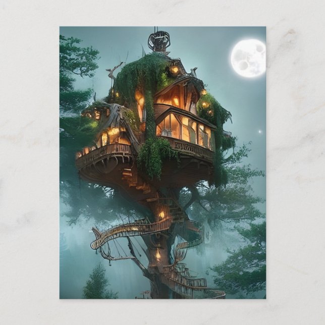 Cartão Postal Fantasy Tree House Arte Digital (Frente)