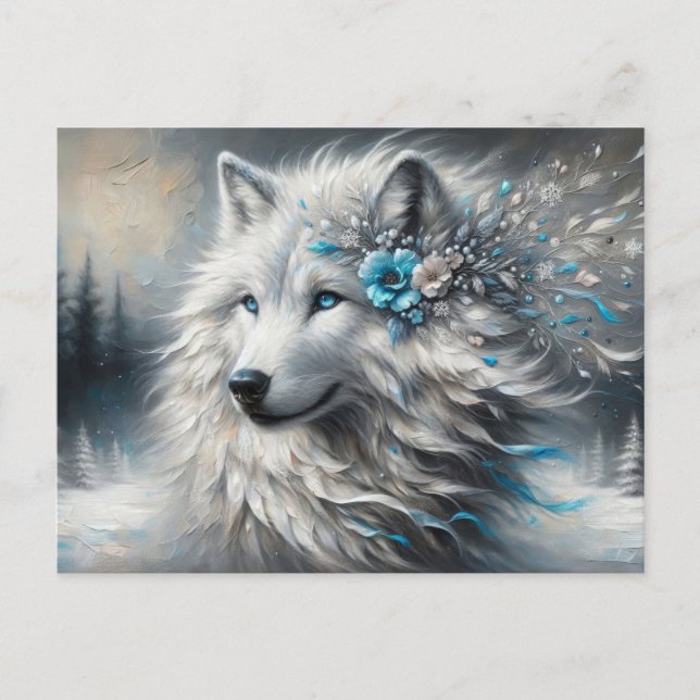 Cartão Postal Fantasy White Wolf Winter Wonderland (Frente)