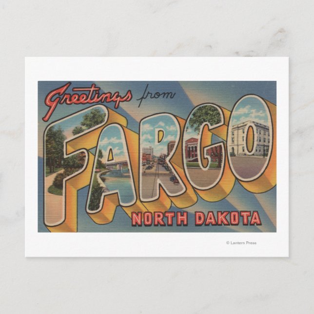 Cartão Postal Fargo, Dakota do Norte - Cenas em Larga Letra (Frente)