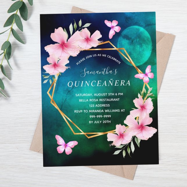 Cartão Postal Farinhas cor-de-rosa azul-verde-lua Quinceanera (Criador carregado)