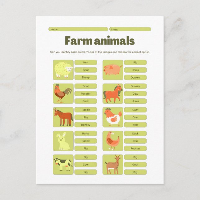 Cartão Postal Farm Animals Identification Educational Worksheet (Frente)