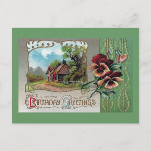 Cartão Postal Farmhouse and Pansies Vintage Aniversário