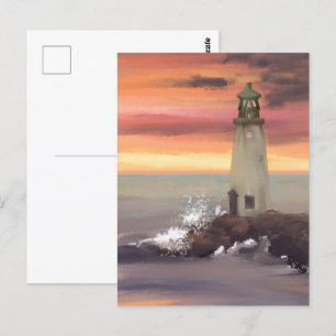 Cartão Postal Farol Costeiro Com Céu Rosa e Laranja