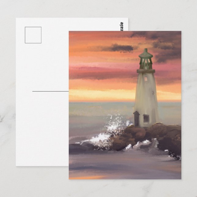 Cartão Postal Farol Costeiro Com Céu Rosa e Laranja (Frente/Verso)