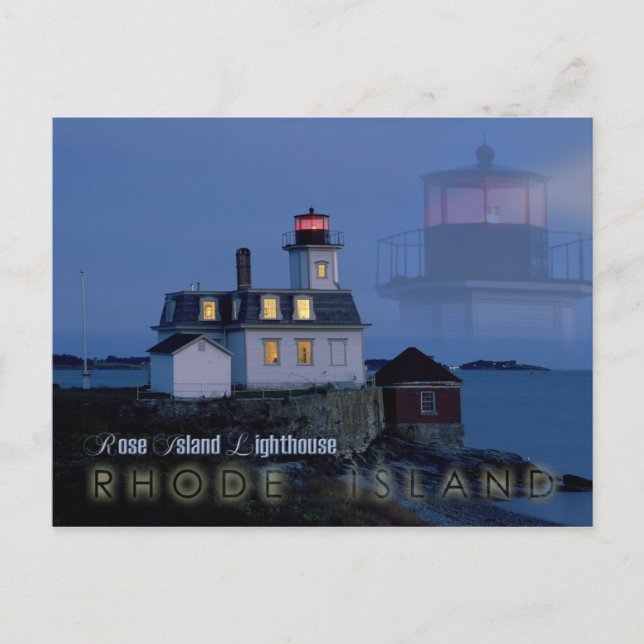Cartão Postal Farol da Ilha rosa à noite, Rhode Island (Frente)