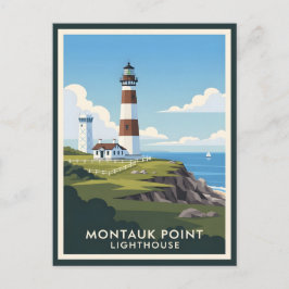 Cartão Postal Farol de Montauk Point, Falésia Costeira & Velero